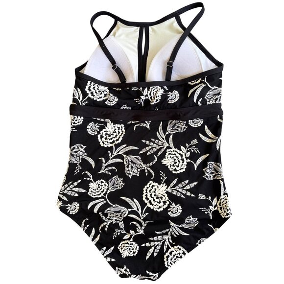 Lands' End One Piece Maillot Black White Floral‎ Size 14 Shelf Bra Adj Straps - Picture 6 of 11